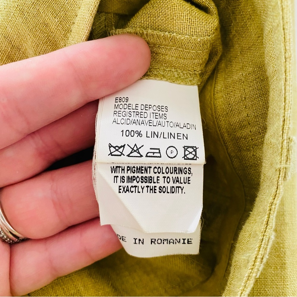 Irene Van Ryb Pea Green 100% Linen Classic Effortless Straight Leg Pants Size 42 - Picture 7 of 9